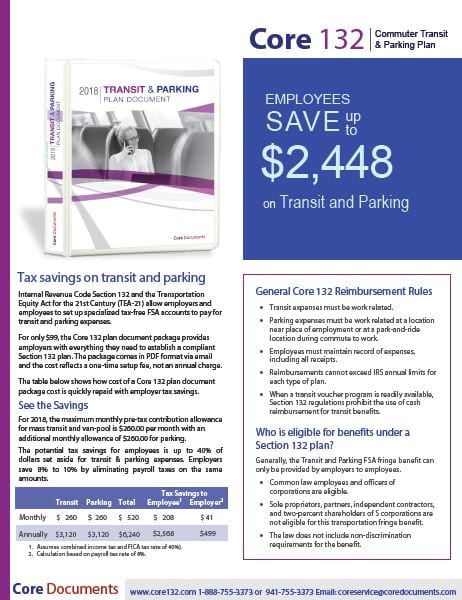 Core Section 132 Transit and Parking FSA Plan Document and Forms Brochure -- Section 125 Cafeteria Plan Options for 2018